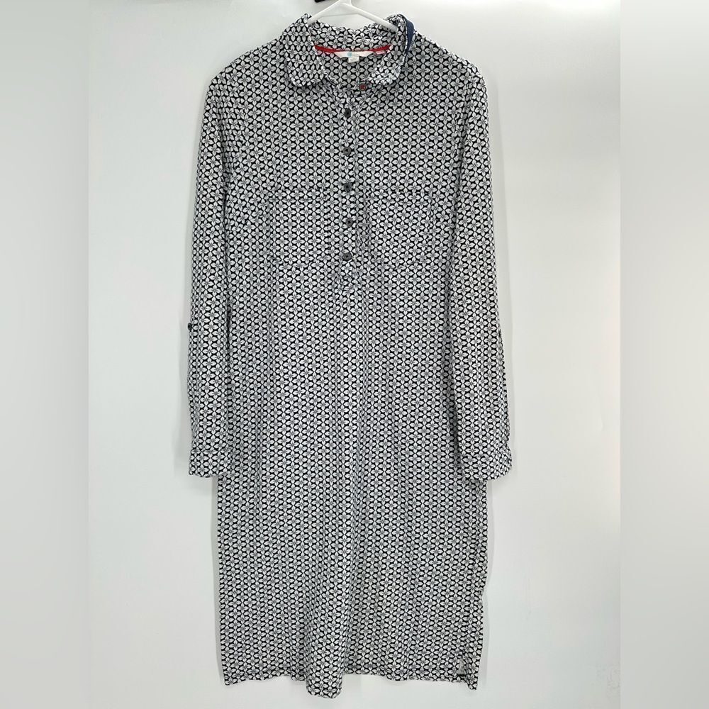 Boden Collared Long Sleeve Dress Cotton White & Navy Floral Print Size 4L